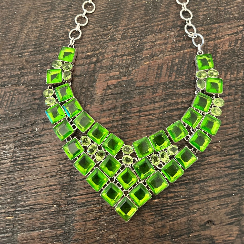Sterling Silver and Peridot Large Bib Statement Necklace - Picture 3 of 4
